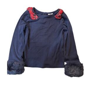 Janie and Jack Blue Top Red Tartan Plaid Bows Faux Fur Cuffs Size Small
